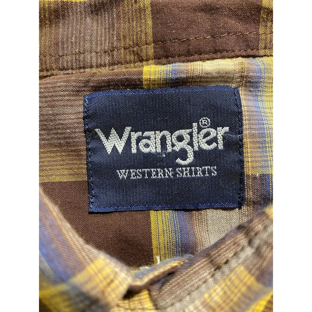 Wrangler Western‎ Shirt L Brown Yellow Check Pearl Snap Cowboy Rodeo 75204PP Y2K